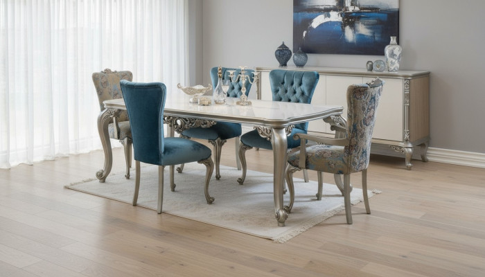Juego de mesa de comedor completo con 6 sillas, conjunto de comedor de madera de 7 piezas. Barroco.