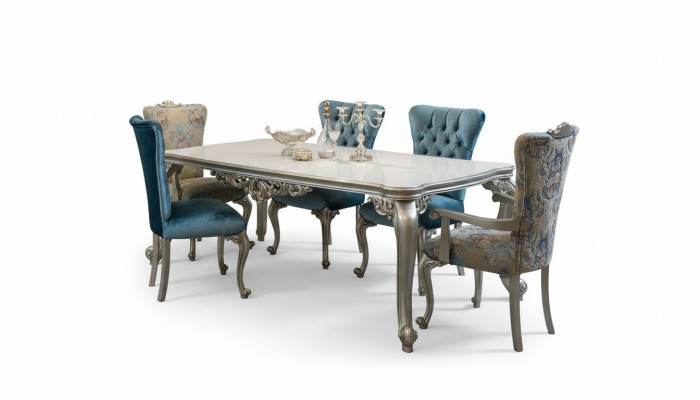 Juego de mesa de comedor completo con 6 sillas, conjunto de comedor de madera de 7 piezas. Barroco.