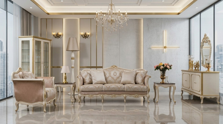 Sofá de tres plazas de lujo, sofás de 3 plazas, diseño de asiento clásico, beige.