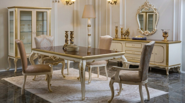 Diseño de comedor conjunto de 8 piezas: mesa de comedor, silla, cómoda, vitrina, espejo, mesas de madera.