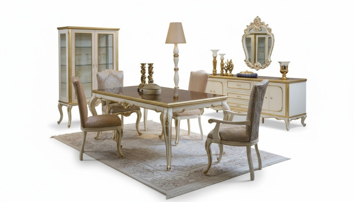 Diseño de comedor conjunto de 8 piezas: mesa de comedor, silla, cómoda, vitrina, espejo, mesas de madera.