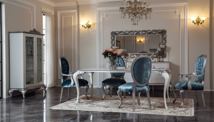 Diseño de comedor Set 8 piezas Silla Cómoda Vitrina Espejo Mesas de comedor Madera