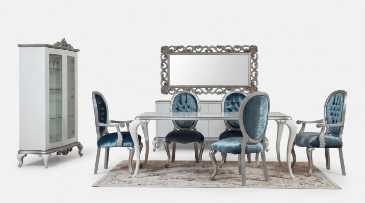 Diseño de comedor Set 8 piezas Silla Cómoda Vitrina Espejo Mesas de comedor Madera