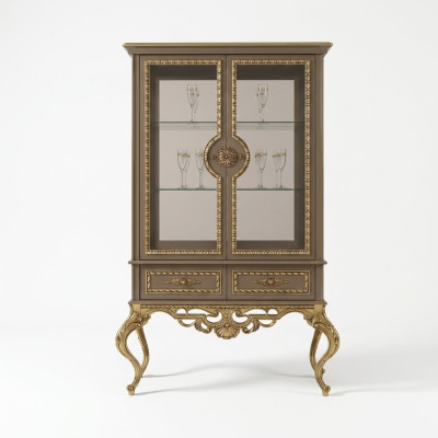 Vitrina dorada estilo barroco y rococó, armario de muebles con estantes y vitrinas de vidrio.