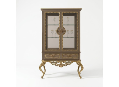 Vitrina dorada estilo barroco y rococó, armario de muebles con estantes y vitrinas de vidrio.