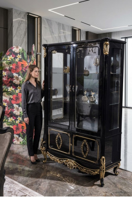 Mueble vitrina de lujo de madera con estantes de cristal, con armarios y estantes en negro.