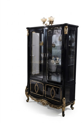 Mueble vitrina de lujo de madera con estantes de cristal, con armarios y estantes en negro.