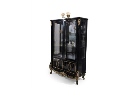 Mueble vitrina de lujo de madera con estantes de cristal, con armarios y estantes en negro.