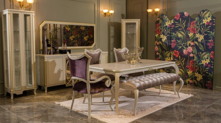Conjunto de comedor de diseño 8 piezas, mesa de comedor, silla, cómoda, vitrina, taburete, madera.