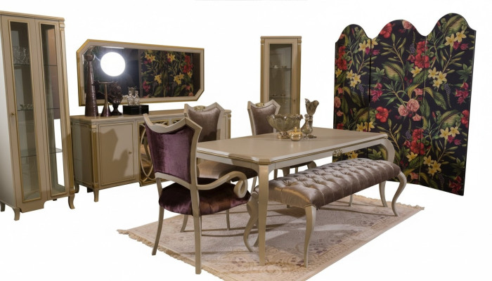 Conjunto de comedor de diseño 8 piezas, mesa de comedor, silla, cómoda, vitrina, taburete, madera.