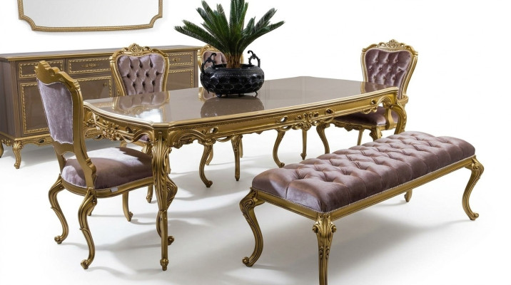 Juego de comedor Mesa de comedor de madera real clásica de lujo de 4 piezas Grupo de sillas
