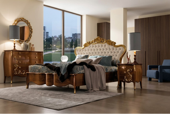 Set de cama Cama de lujo Dormitorio clásico Cama de hotel Muebles barrocos de madera