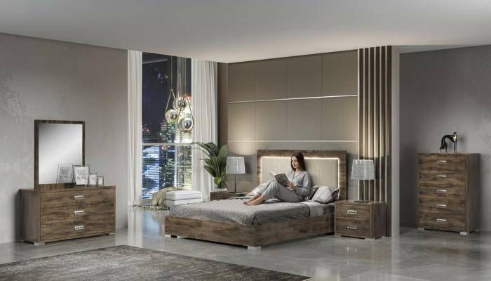 Conjunto moderno de muebles de dormitorio con cama, mesita de noche, cómoda y espejo de 6 piezas