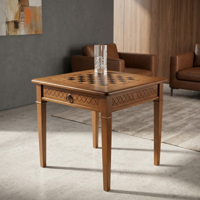 Mesa de juego de ajedrez con tablero de mesa y ajedrez de estudio en miniatura muebles de mesa de ajedrez.