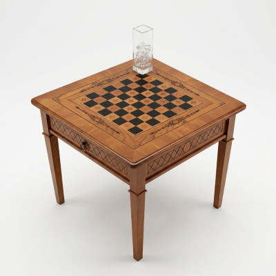 Mesa de juego de ajedrez con tablero de mesa y ajedrez de estudio en miniatura muebles de mesa de ajedrez.