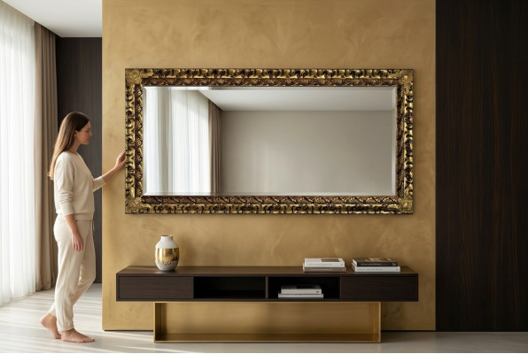Espejo de diseñador clásico italiano, espejo de pared de muebles de madera dorada XXL nuevo