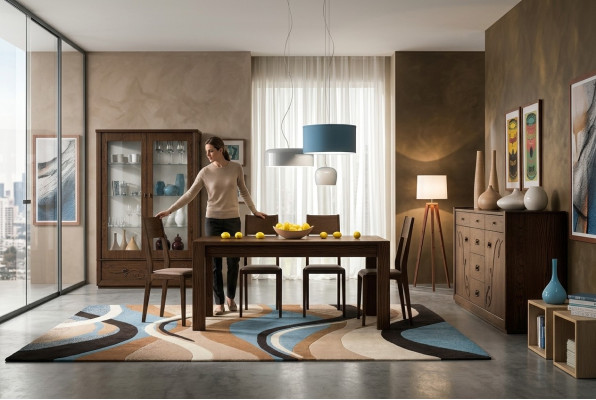 Grupo de comedor Ess de 7 piezas. Mesa de comedor, silla, cómoda, vitrina. Muebles de madera.
