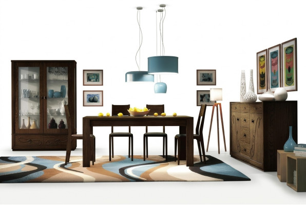 Grupo de comedor Ess de 7 piezas. Mesa de comedor, silla, cómoda, vitrina. Muebles de madera.