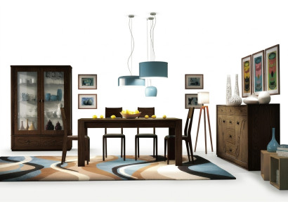 Grupo de comedor Ess de 7 piezas. Mesa de comedor, silla, cómoda, vitrina. Muebles de madera.