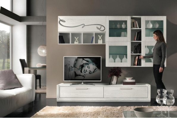 Mueble de pared para TV RTV, mueble de sala de estar de lujo con estantes y armarios.