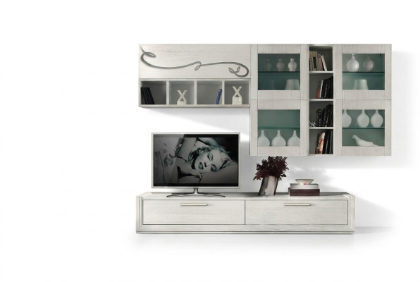 Mueble de pared para TV RTV, mueble de sala de estar de lujo con estantes y armarios.