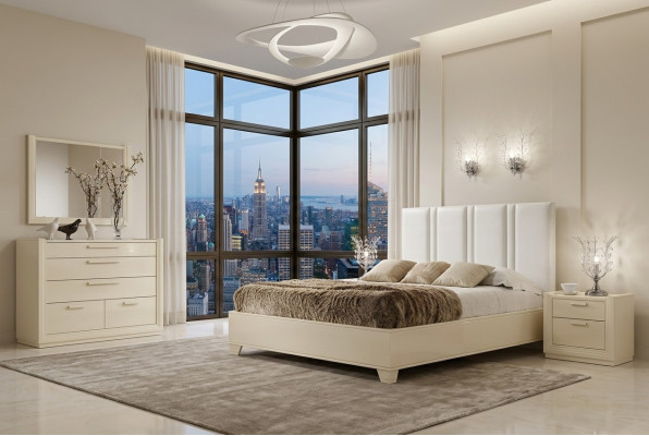 Conjunto de dormitorio cama mesita de noche cómoda espejo de diseño de madera de lujo de 5 piezas