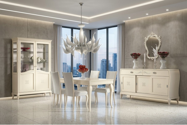 Comedor Mesa de comedor Silla Cómoda Vitrina Grupo de mesa de comedor Madera Italia Set de 7 piezas