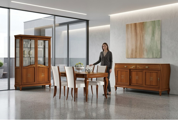 Set de diseño de comedor de 7 piezas mesa silla cómoda vitrina grupo mesas de comedor madera