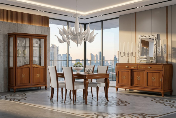 Set de diseño de comedor de 7 piezas mesa silla cómoda vitrina grupo mesas de comedor madera