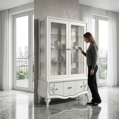 Vitrina de vidrio de lujo en estilo antiguo moderno, vitrinas de madera, muebles italianos.