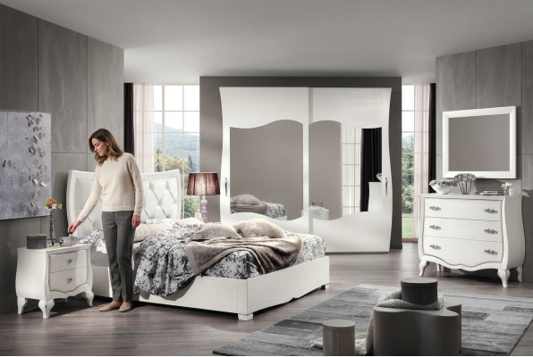 Conjunto Dormitorio Cama Mesita de Noche Armario Cómoda Espejo Set de 6 piezas