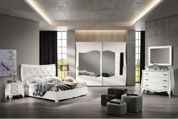 Conjunto Dormitorio Cama Mesita de Noche Armario Cómoda Espejo Set de 6 piezas