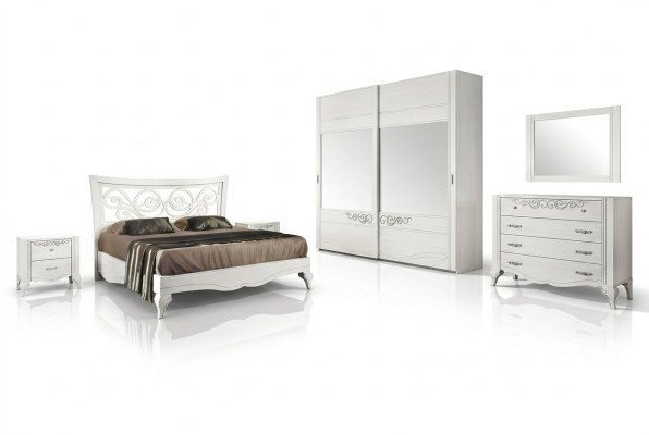 Juego de dormitorio de 6 piezas: cama, mesita de noche, armario, cómoda y espejo.