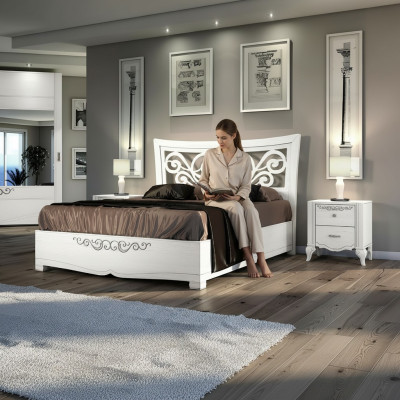 Set de dormitorio de 3 piezas: cama, mesita de noche, cama doble de madera, nuevo.