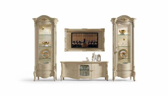 Mueble de televisión clásico y marco de madera natural en estilo clásico.