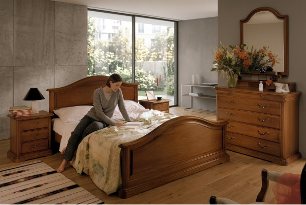 Cama Mesita de noche Armario Armario Comoda Dormitorio Madera natural Nuevo set de 5 piezas.