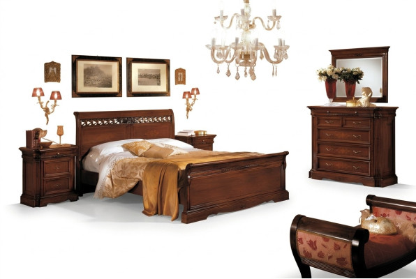 Conjunto de 5 piezas de mobiliario de dormitorio: cama, 2 mesitas de noche, cómoda con espejo, color marrón, nuevo.