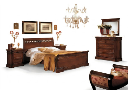 Conjunto de 5 piezas de mobiliario de dormitorio: cama, 2 mesitas de noche, cómoda con espejo, color marrón, nuevo.