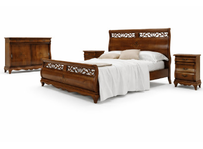 Set de muebles de dormitorio de 4 piezas. Cama, 2 mesitas de noche y cómoda. Diseño de madera maciza.