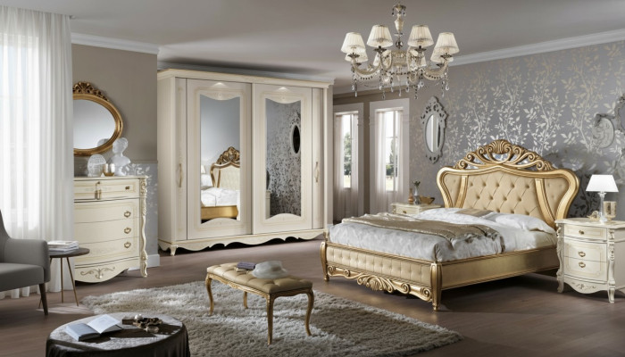 Cama doble, muebles de dormitorio, armario, mesita de noche con cajones, cómoda 5 piezas.