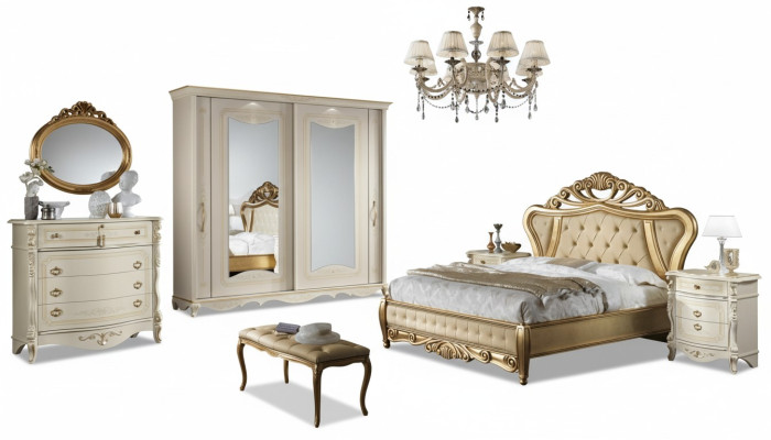 Cama doble, muebles de dormitorio, armario, mesita de noche con cajones, cómoda 5 piezas.