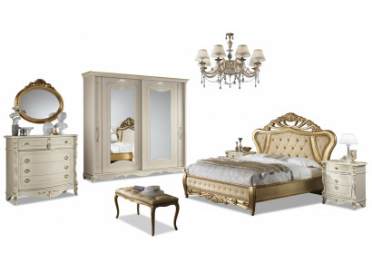 Cama doble, muebles de dormitorio, armario, mesita de noche con cajones, cómoda 5 piezas.