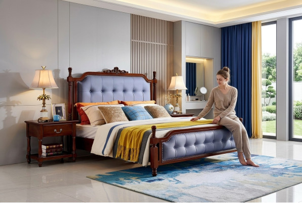 Cama de lujo dormitorio cama doble marco de cama de madera tapizada Chesterfield