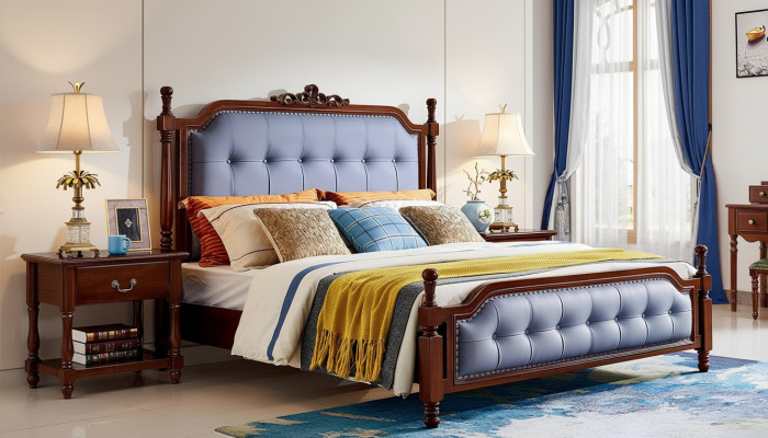 Cama de lujo dormitorio cama doble marco de cama de madera tapizada Chesterfield