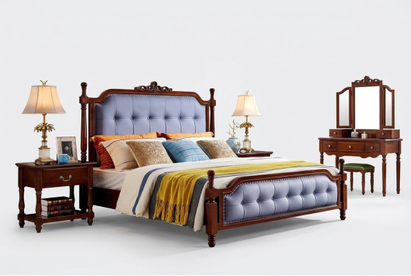 Cama de lujo dormitorio cama doble marco de cama de madera tapizada Chesterfield