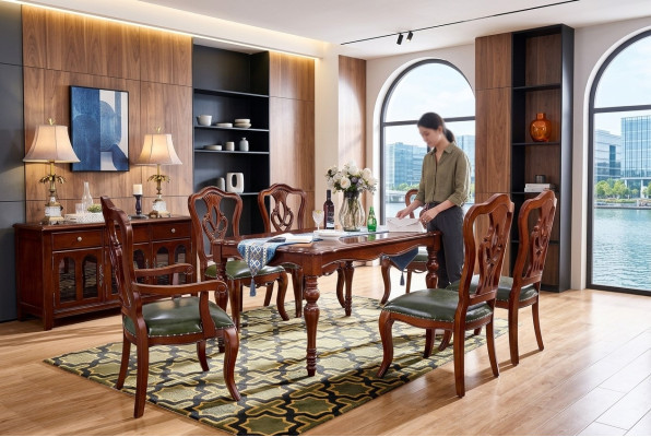 Juego completo de mesa de comedor + 6 sillas Conjunto de comedor Grupo de esencias Mesa de madera Mesas de 7 piezas.