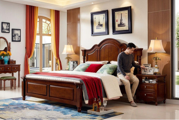 Cama doble clásica para dormitorio, muebles de cama de madera maciza marrón.