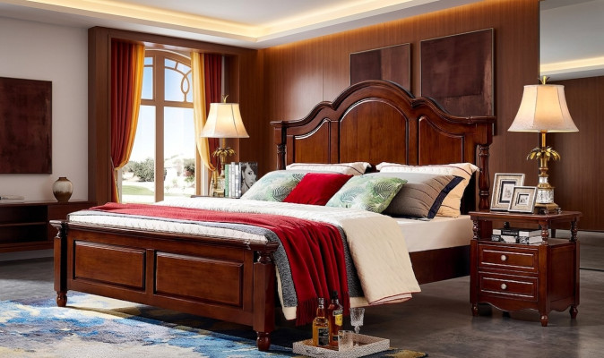 Cama doble clásica para dormitorio, muebles de cama de madera maciza marrón.