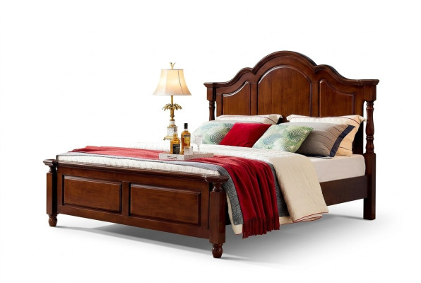 Cama doble clásica para dormitorio, muebles de cama de madera maciza marrón.