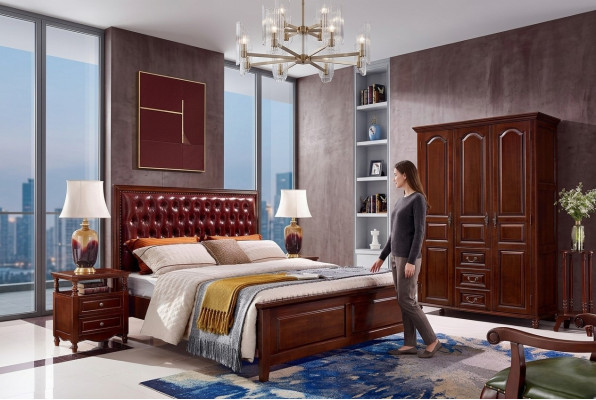 Diseño clásico de muebles de cama, cama 2 mesitas de noche 3 piezas conjunto de dormitorio.